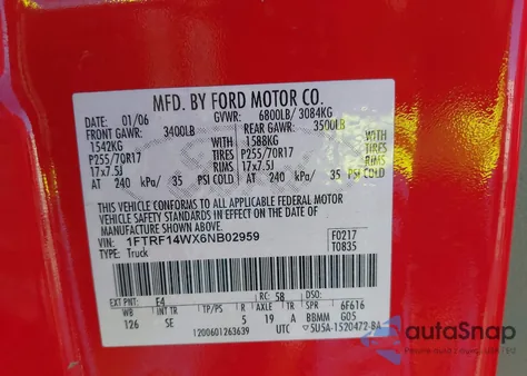 2006 Ford F-150 Stx/Xl/Xlt z USA, uszkodzony, nr VIN 1FTRF14WX6NB02959